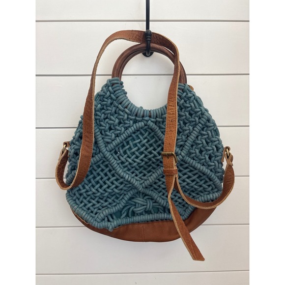 Sundance Anabaglish Teal Blue Macrame Bag Wood Handles Leather Trim Boho Woven - Picture 4 of 9